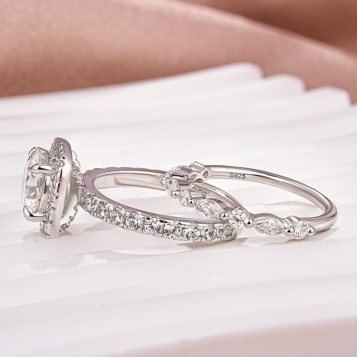 Moissanite 2.0Ct Halo Round Cut White Gold Promise Ring With Round Cut &amp; Marquise Cut Anniversary Ring