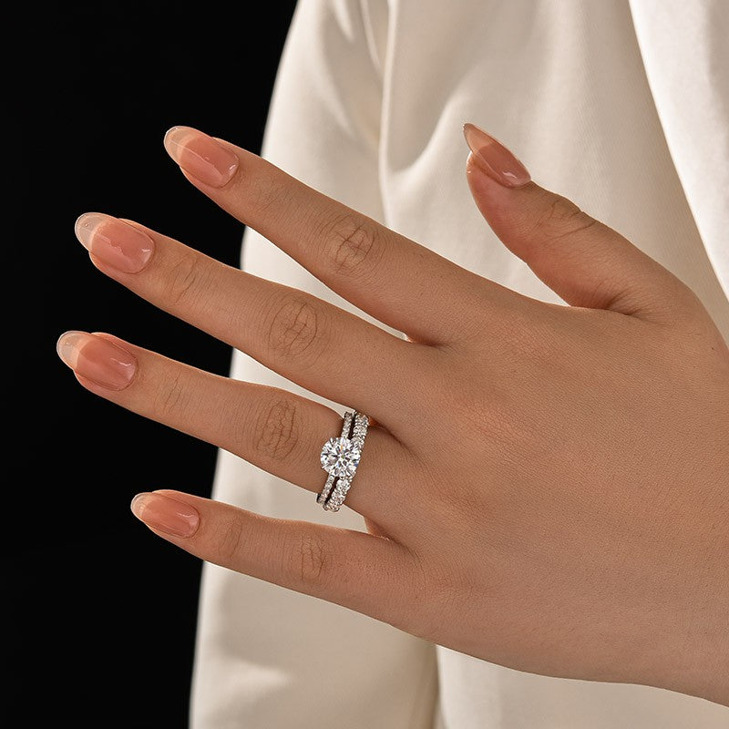 Moissanite 2.0 Ct Round Cut White Gold Engagement Ring with Low Dome Basket Eternity Ring