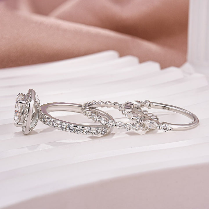 Moissanite 2.0Ct Halo Round Cut White Gold Promise Ring With Round Cut &amp; Marquise Cut Anniversary Ring