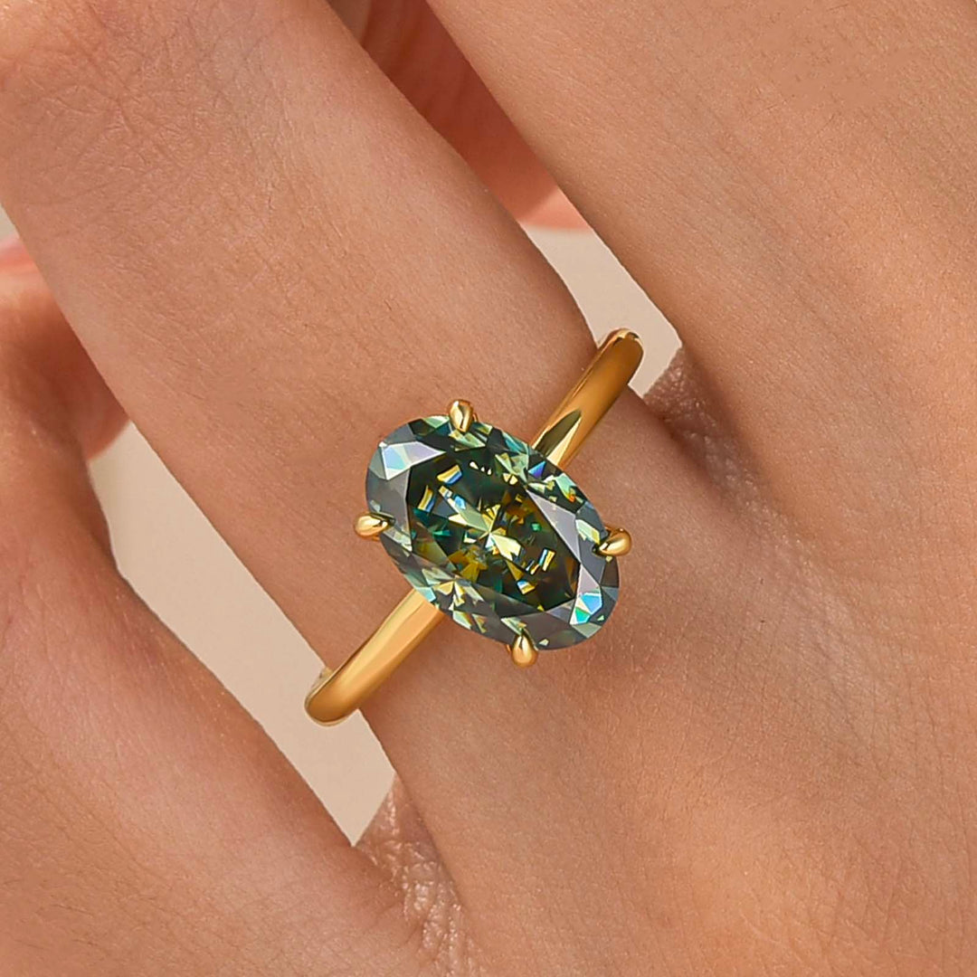 Moissanite 3.0Ct Green Oval Hidden Halo Solitaire Travel Ring in Sterling Silver