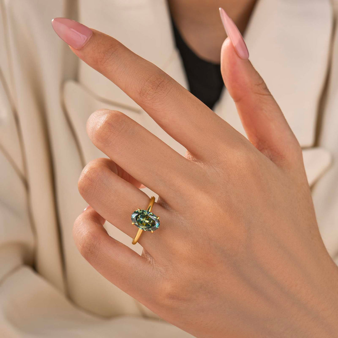Moissanite 3.0Ct Green Oval Hidden Halo Solitaire Travel Ring in Sterling Silver