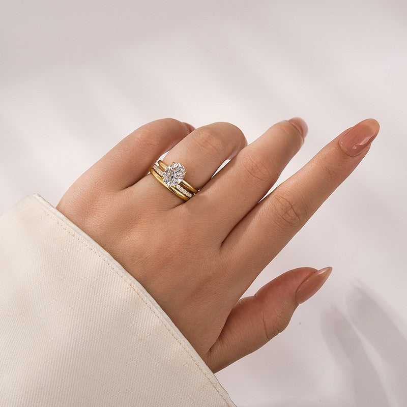 Moissanite 2.0Ct Solitaire Oval Cut Yellow Gold Wedding Ring with Pavé Eternity Ring