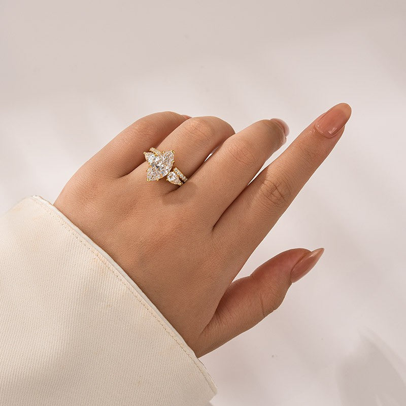 Moissanite 4.0Ct Marquise Cut Yellow Gold Wedding Ring with Open Pear Cut Enhancer