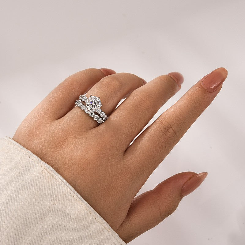 Moissanite 2.0 Ct 6 Prong Round Cut White Gold Engagement Ring with Seven Stone Low Dome Basket Anniversary Ring