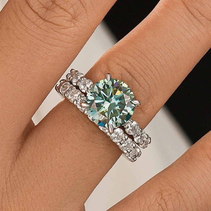 Moissanite 4.0Ct Turquoise Round Cut Side Stone White Gold Travel Bridal Set