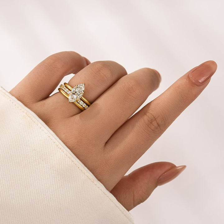 Moissanite 2.0 Ct Marquise Cut Solitaire Yellow Gold Promise Ring with Half Round Cut Anniversary Ring