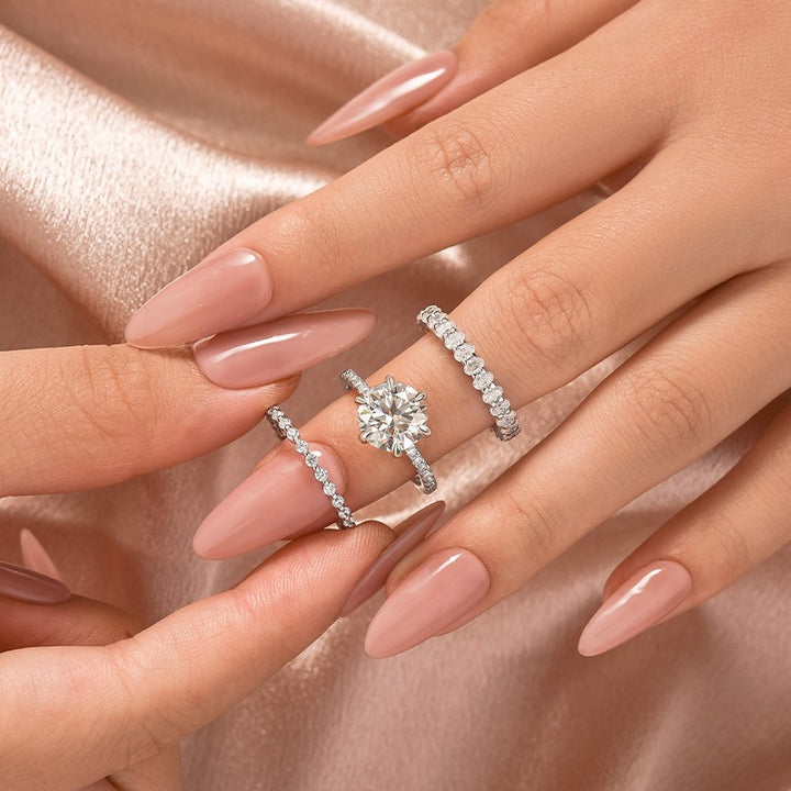 Moissanite 3.0Ct Round Cut White Gold 3PC Travel Engagement Ring with Oval &amp; Round Cut Wedding Band