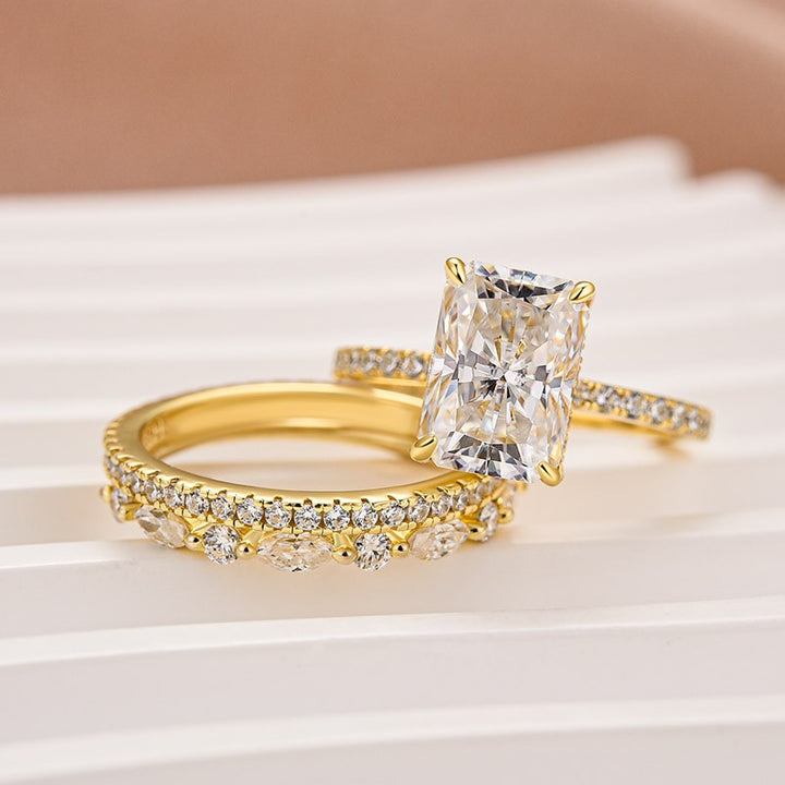 3.5 Ct Radiant Cut Yellow Gold Moissanite Diamond Wedding Ring with Round &amp; Marquise Accents Bands