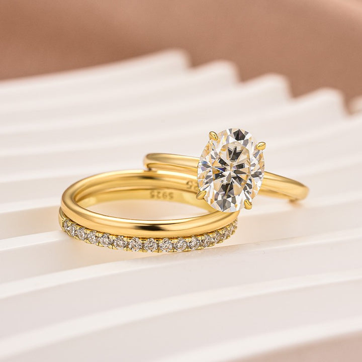 Moissanite 2.0Ct Solitaire Oval Cut Yellow Gold Wedding Ring with Pavé Eternity Ring