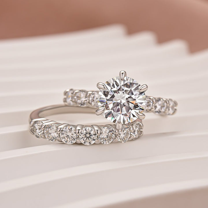 Moissanite 2.0 Ct 6 Prong Round Cut White Gold Engagement Ring with Seven Stone Low Dome Basket Anniversary Ring