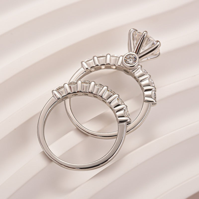 Moissanite 2.0 Ct 6 Prong Round Cut White Gold Engagement Ring with Seven Stone Low Dome Basket Anniversary Ring