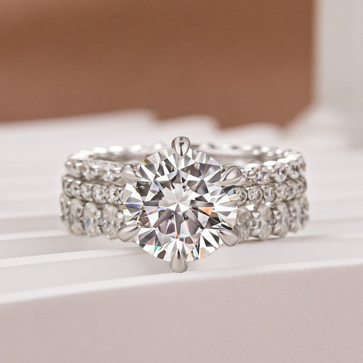 Moissanite 3.0Ct Round Cut White Gold 3PC Travel Engagement Ring with Oval &amp; Round Cut Wedding Band