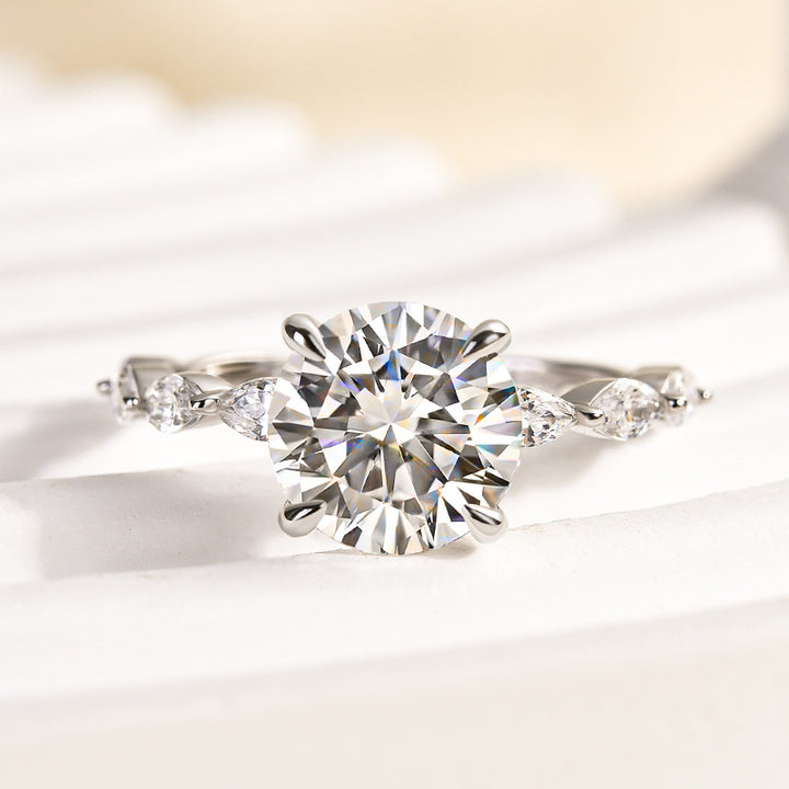Rodiffy Moissanite 2.0 Ct Round Cut with Marquise Side Stones Hidden Halo Engagement Ring