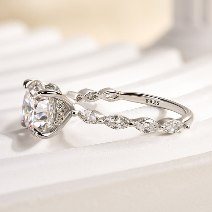 Rodiffy Moissanite 2.0 Ct Round Cut with Marquise Side Stones Hidden Halo Engagement Ring