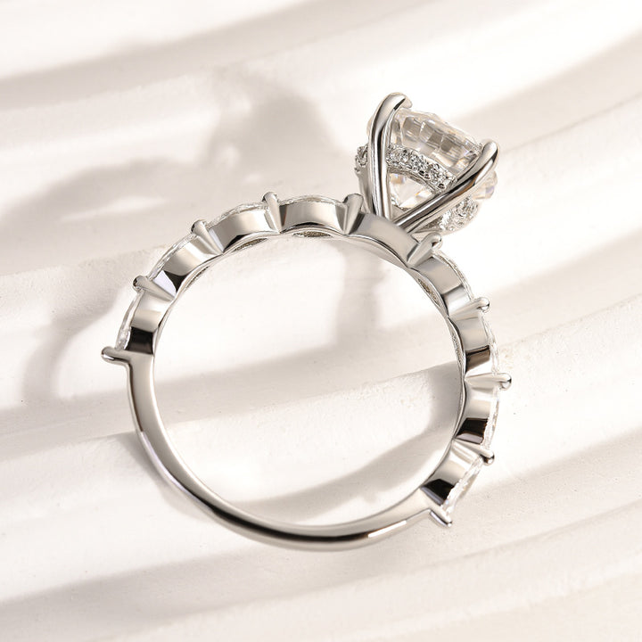 Rodiffy Moissanite 2.0 Ct Round Cut with Marquise Side Stones Hidden Halo Engagement Ring