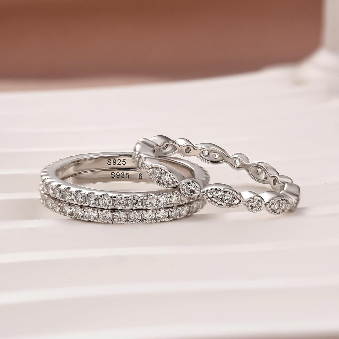 Eternity 3PCS Stacking Moissanite Wedding Band Set In White Gold Plated