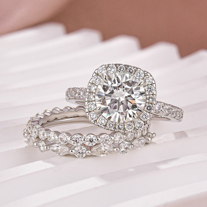 Moissanite 2.0Ct Halo Round Cut White Gold Promise Ring With Round Cut &amp; Marquise Cut Anniversary Ring