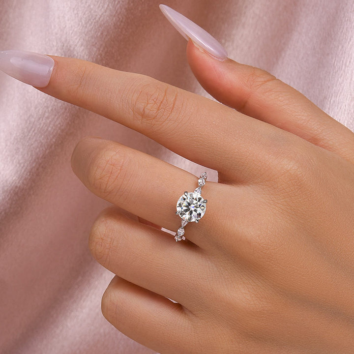 Rodiffy Moissanite 2.0 Ct Round Cut with Marquise Side Stones Hidden Halo Engagement Ring