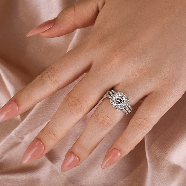 Moissanite 2.0 Ct Halo Round Cut White Gold Promise Ring with Full Eternity Thin Wedding Band