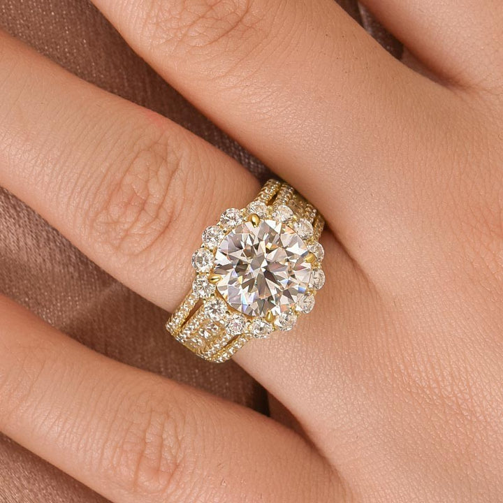 Halo Split Shank 4.0Ct Round Cut Yellow Gold Moissanite Engagement Ring