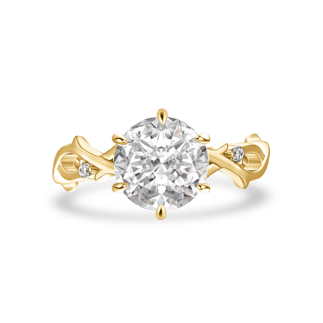 Moissanite 2.0 Ct Twig 6 Prong Round Cut Twist Yellow Gold Engagement Ring