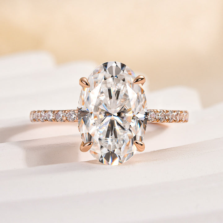S925 Moissanite 4.0 Ct Oval Cut Pavé Rose Gold White/Black Stone Engagement Ring For Women