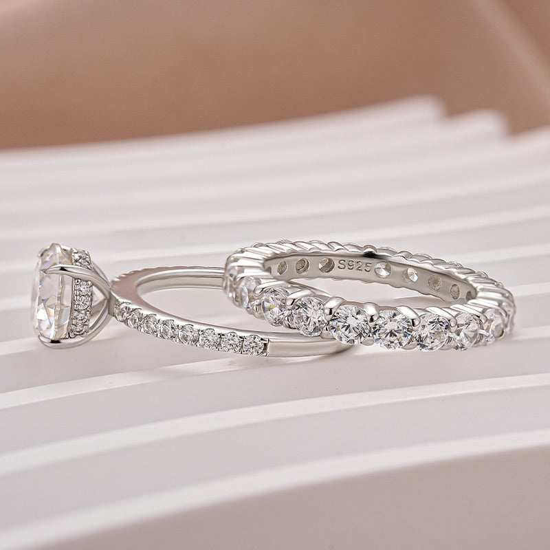 Moissanite 2.0 Ct Round Cut White Gold Engagement Ring with Low Dome Basket Eternity Ring