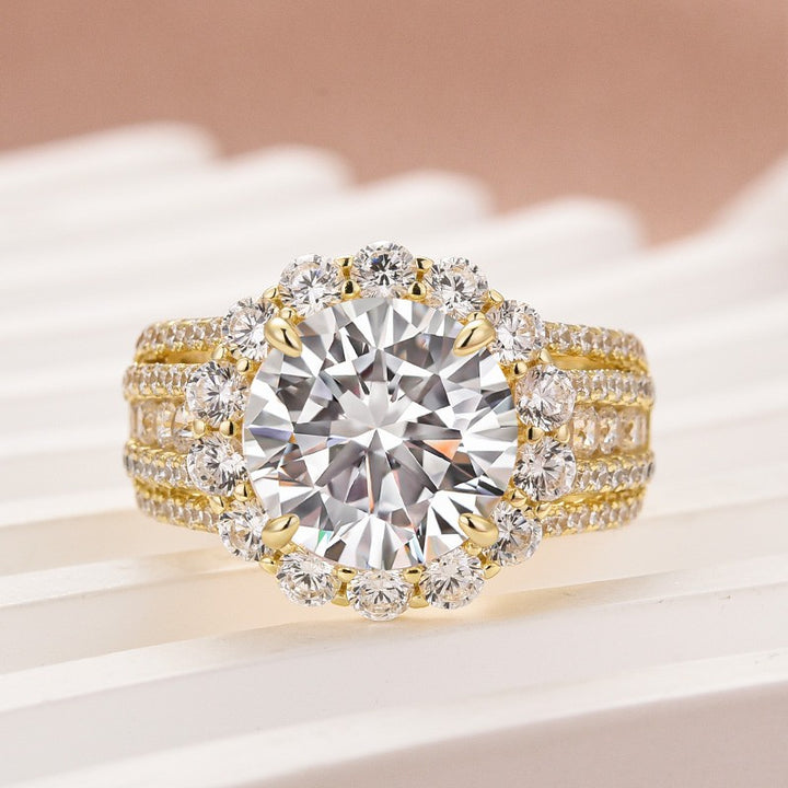 Halo Split Shank 4.0Ct Round Cut Yellow Gold Moissanite Engagement Ring