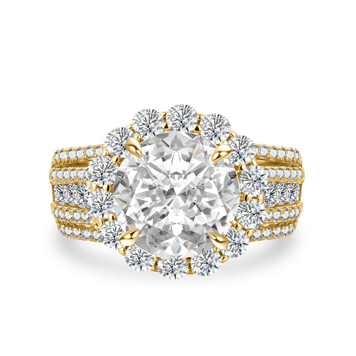 Halo Split Shank 4.0Ct Round Cut Yellow Gold Moissanite Engagement Ring