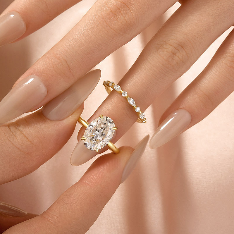Moissanite 5.5Ct Solitaire Oval Cut Yellow Gold Engagement Ring with Marquise& Oval Cut Wedding Band