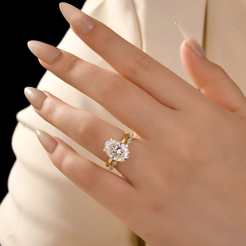 Moissanite 5.5Ct Solitaire Oval Cut Yellow Gold Engagement Ring with Marquise& Oval Cut Wedding Band