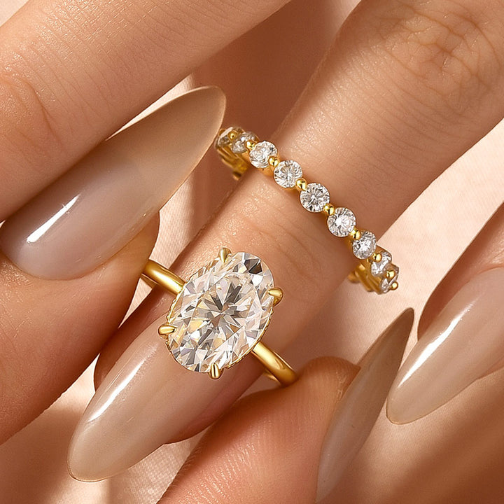Moissanite 3.0Ct~4.0Ct Hidden Halo Oval Cut Yellow Gold Engagement Ring with 1.5Ct Round Cut Wedding Band
