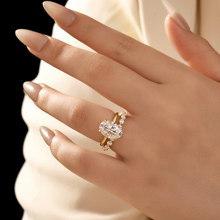 Moissanite 3.0Ct~4.0Ct Hidden Halo Oval Cut Yellow Gold Engagement Ring with 1.5Ct Round Cut Wedding Band