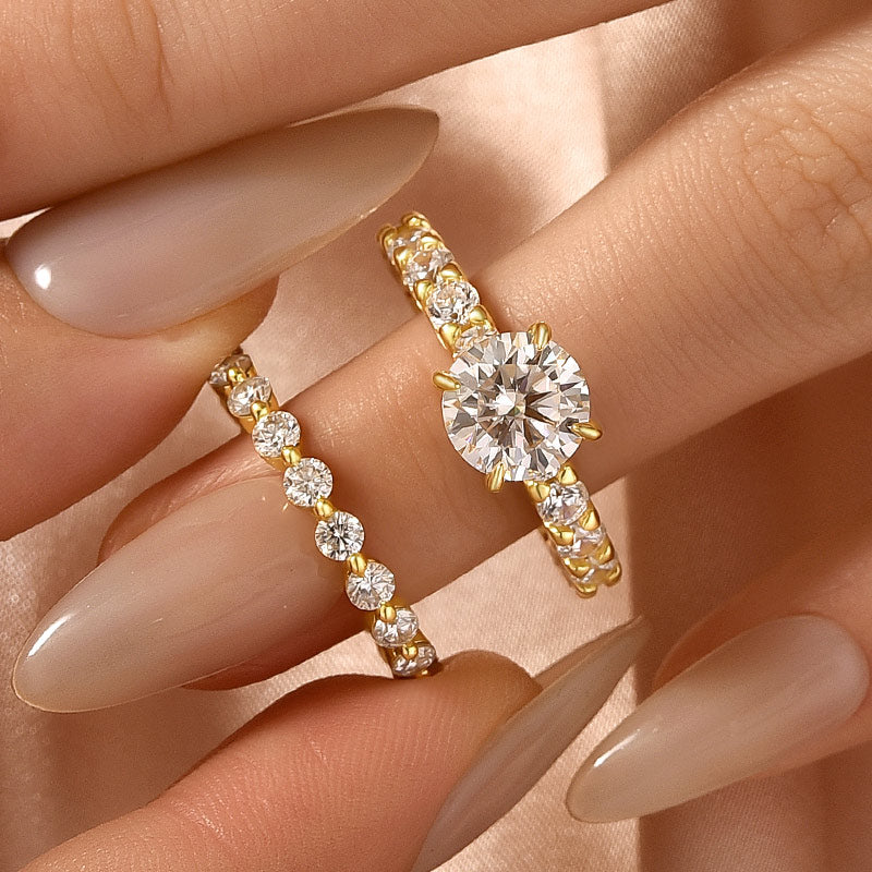 Moissanite 2.0Ct Side Stone Round Cut Yellow Gold Engagement Ring with 1.5Ct Round Cut Wedding Band