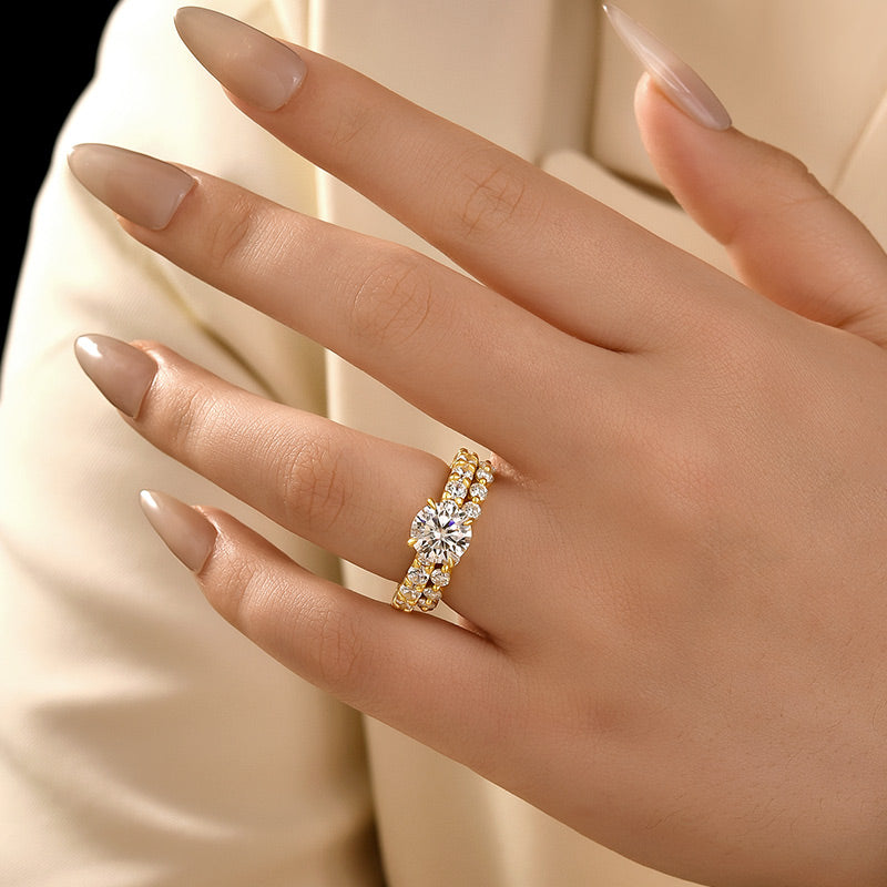 Moissanite 2.0Ct Side Stone Round Cut Yellow Gold Engagement Ring with 1.5Ct Round Cut Wedding Band