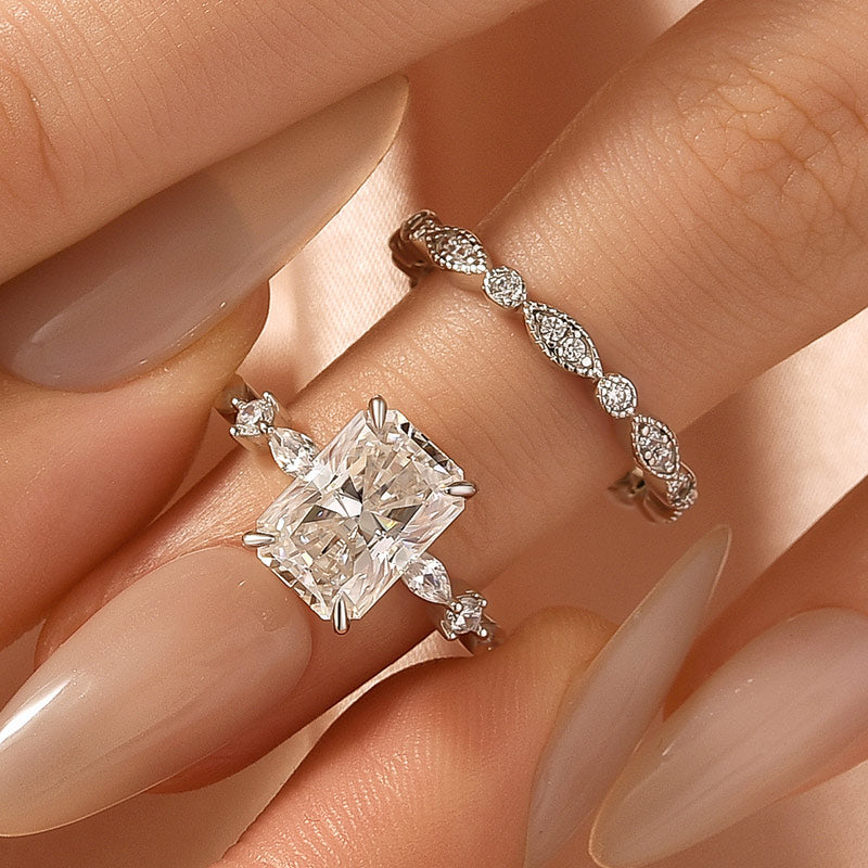 Moissanite 3.5Ct Side Stone Radiant Cut White Gold Wedding Ring Set