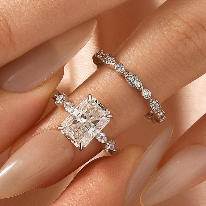 Moissanite 3.5Ct Side Stone Radiant Cut White Gold Wedding Ring Set