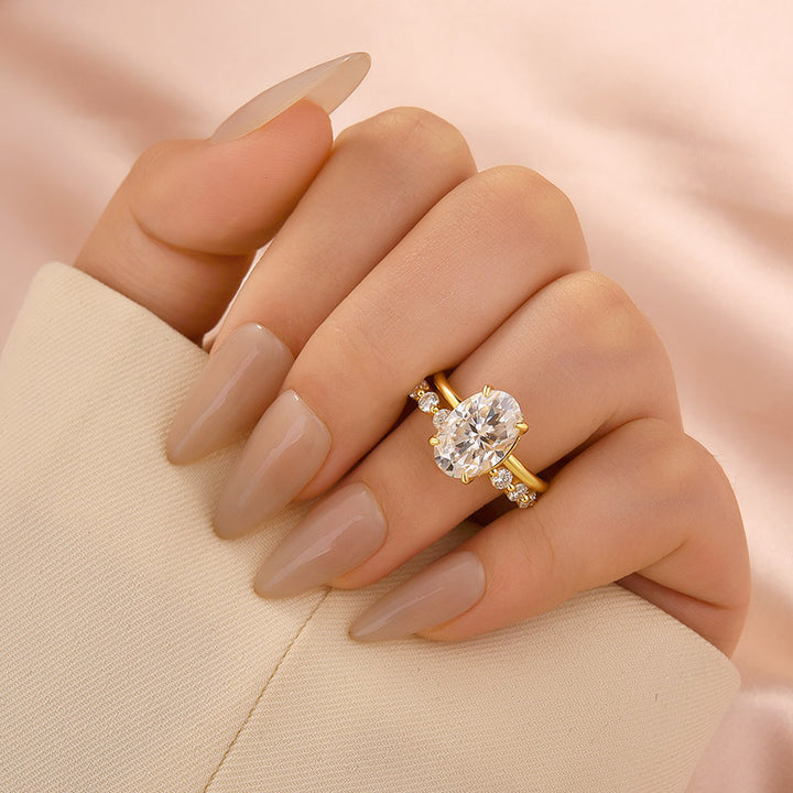 Moissanite 3.0Ct~4.0Ct Hidden Halo Oval Cut Yellow Gold Engagement Ring with 1.5Ct Round Cut Wedding Band