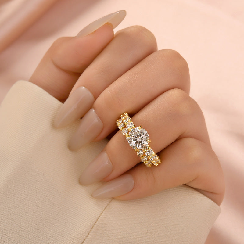 Moissanite 2.0Ct Side Stone Round Cut Yellow Gold Engagement Ring with 1.5Ct Round Cut Wedding Band