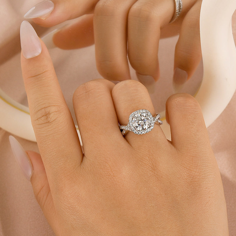 Moissanite 2.0Ct Halo Round Cut Twist White Gold Engagement Ring
