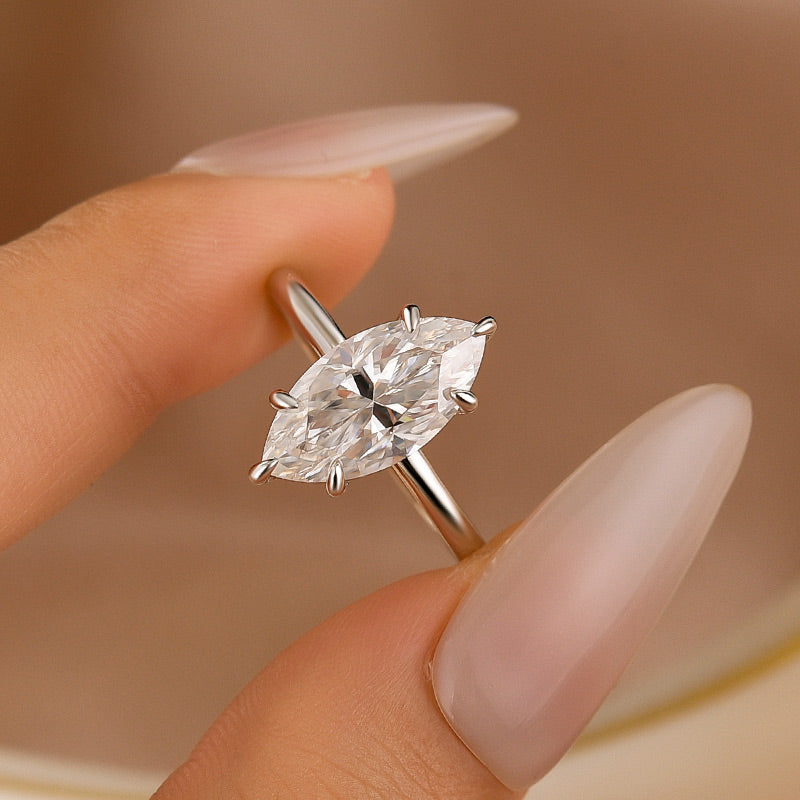 S925 Moissanite 1.0Ct~3.0Ct Marquise Cut Solitaire Yellow Gold Promise Ring For Women