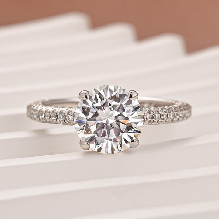 Triple Row Pavé 1.0Ct/2.0Ct Round Cut Moissanite Engagement Ring In Sterling Silver