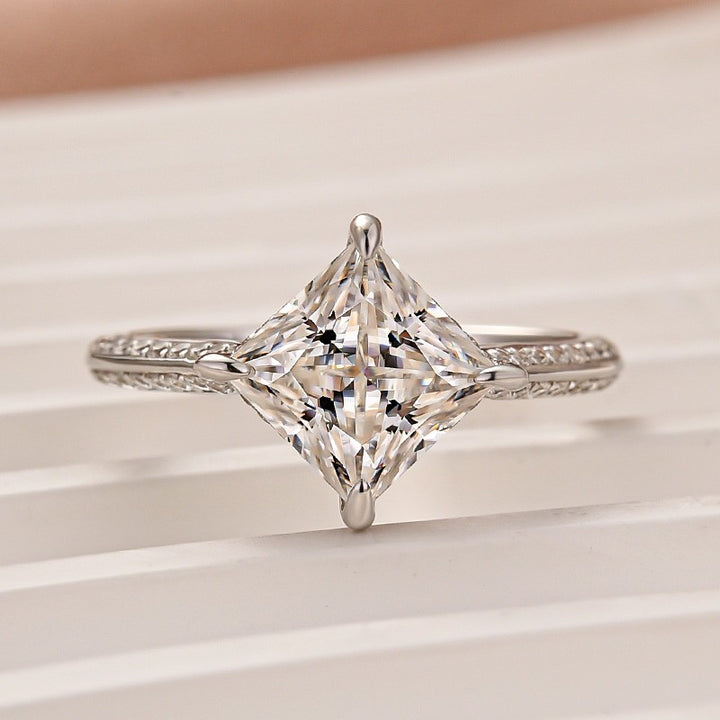 Moissanite Square 2.0Ct Princess Cut White Gold Triple Band Engagement Ring
