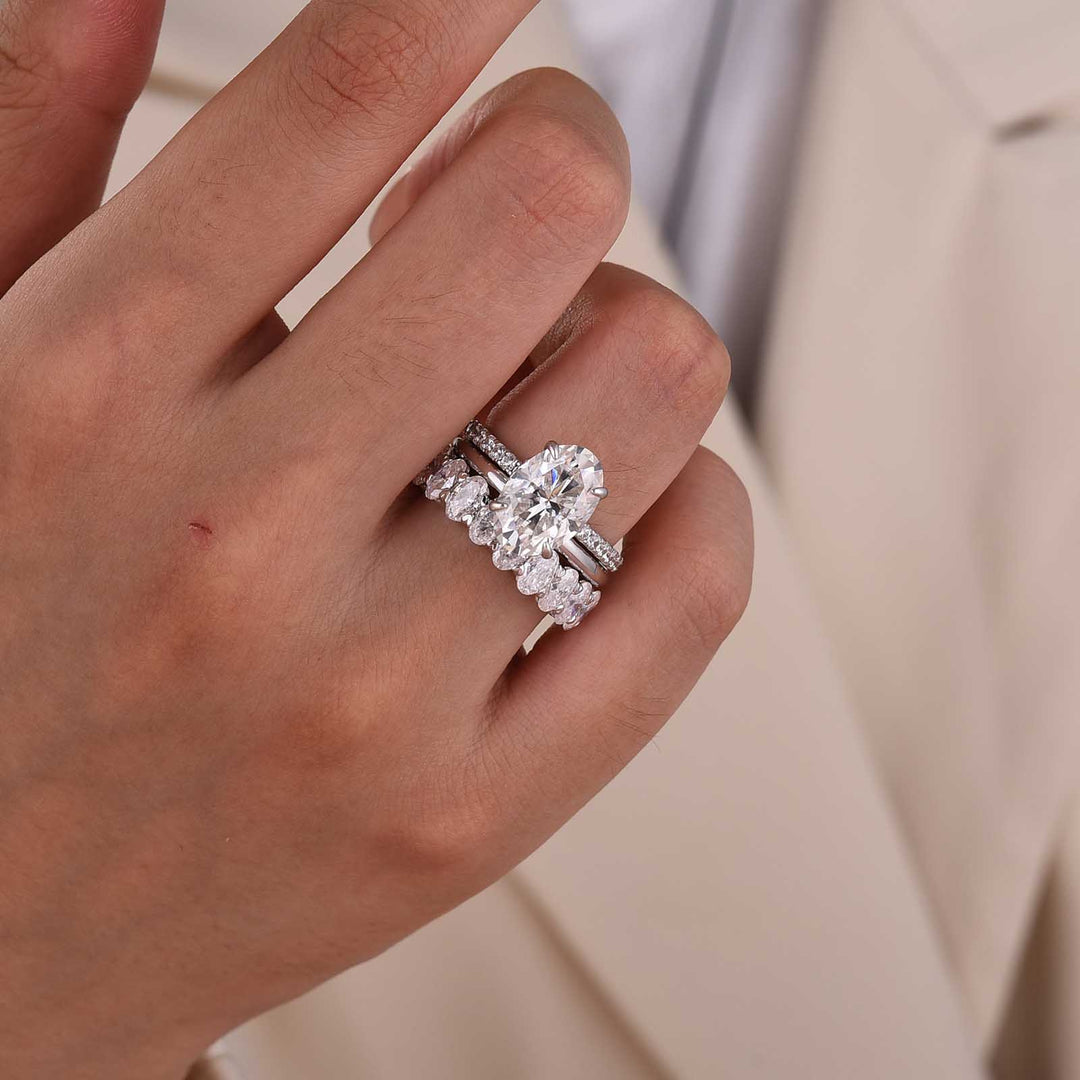 Moissanite 3PC 4.0CT Oval Cut Hidden Halo Full Eternity & Pavé Stackable Statement Ring Set For Women