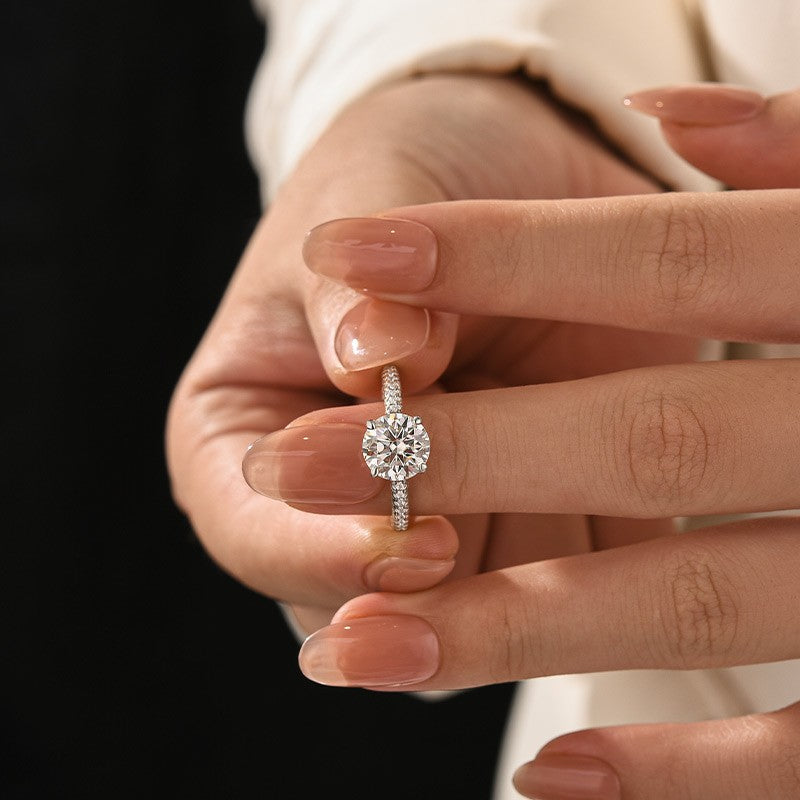 Triple Row Pavé 2.0Ct Round Cut Moissanite Engagement Ring In Sterling Silver