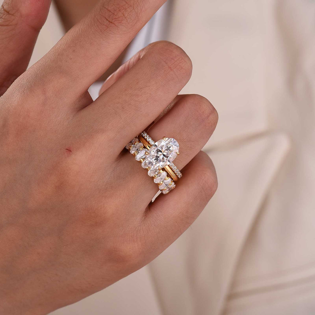 Moissanite 3PC 4.0CT Oval Cut Hidden Halo Full Eternity & Pavé Stackable Statement Ring Set For Women