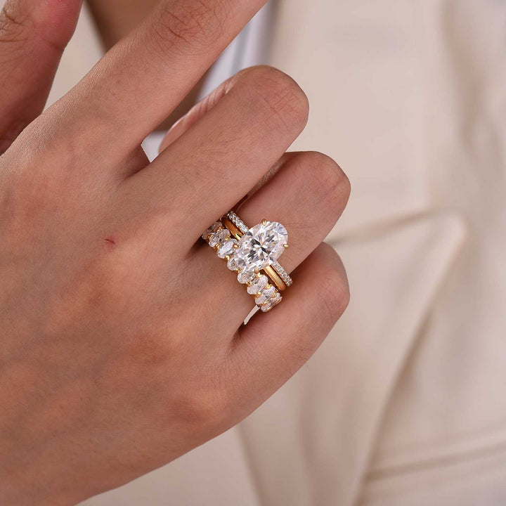 Moissanite 3PC 4.0CT Oval Cut Hidden Halo Full Eternity &amp; Pavé Stackable Statement Ring Set For Women