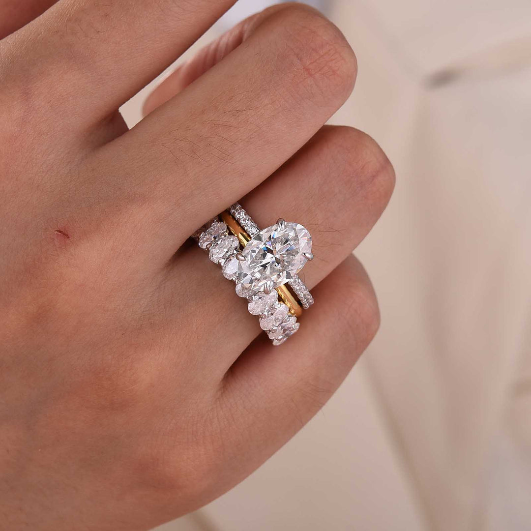 Moissanite 3PC 4.0CT Oval Cut Hidden Halo Full Eternity & Pavé Stackable Statement Ring Set For Women