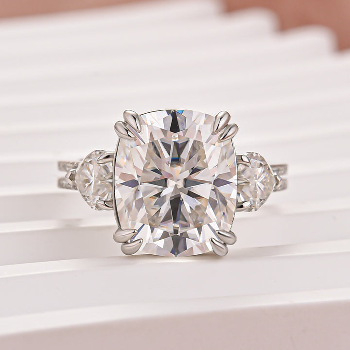 Moissanite 6.0Ct Cushion Cut Three Stone Engagement Ring In Sterling Silver