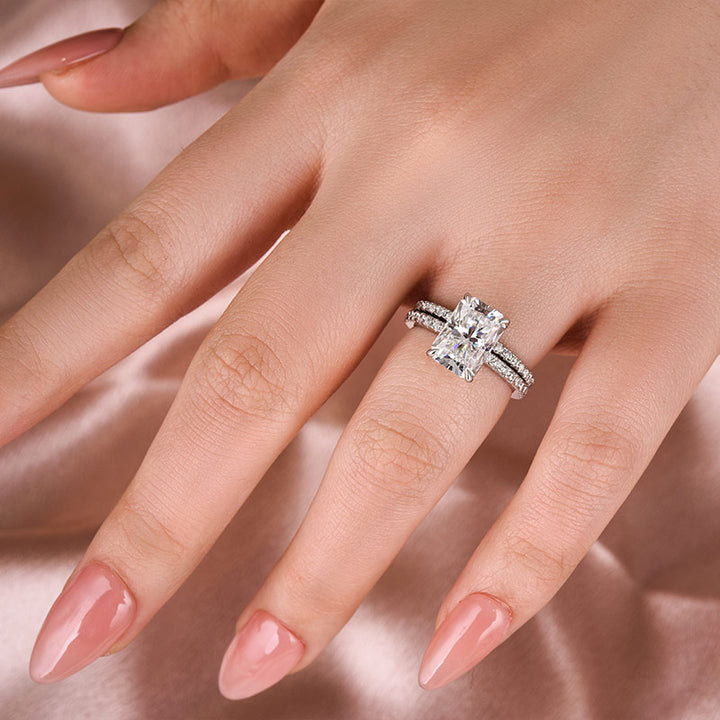 White stone half halo moissanite ring worn on hand
